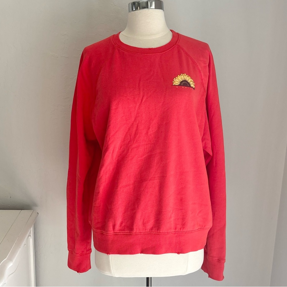 O’Neill Cotton Crew Neck Distressed Ribbed Hem Sunflower Pullover Fleece, L